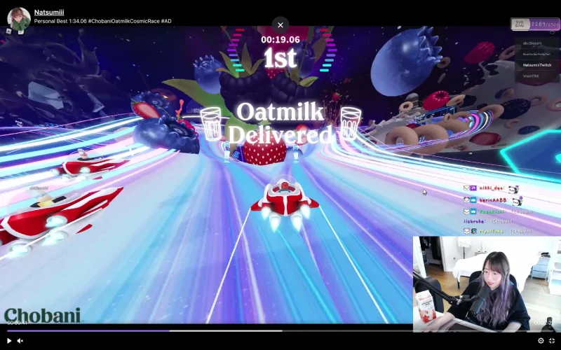 Screenshot of Twitch influencer Natsumiii promoting the Chobani product in a live stream