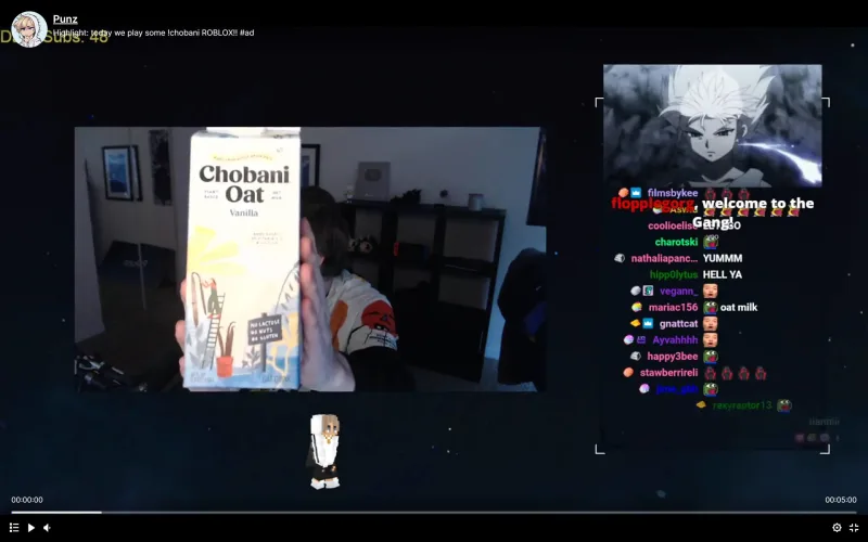 Screenshot of Twitch influencer Punz holding the Chobani Vanilla Oat Milk in a live stream