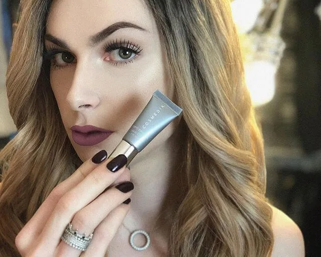 Campaign performance from COSMEDIX and Later beside a fashion and beauty influencer holding a COSMEDIX product
