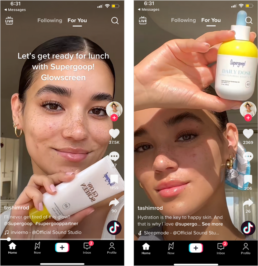Side by side of Tashi using Supergoop products.