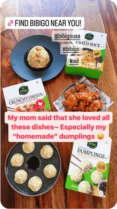 Still from Instagram with an assortment of bibigo products and link to find a store that sells bibigo
