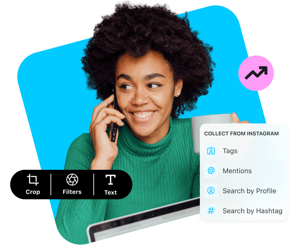 Creator on phone uses Later Social to discover, collect and edit social media content