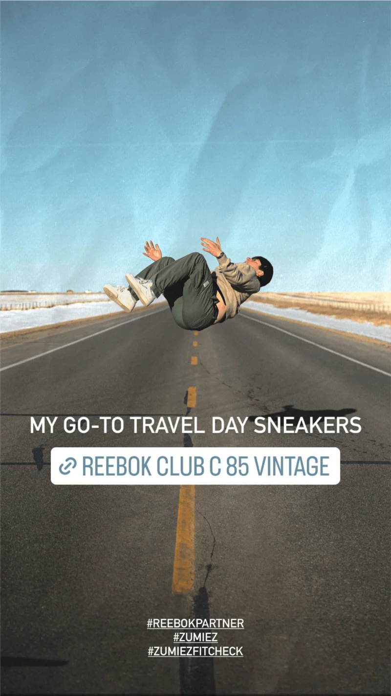 Creator does a backflip in the middle of the road with a link to buy the Reebok Club C shoes from Zumiez