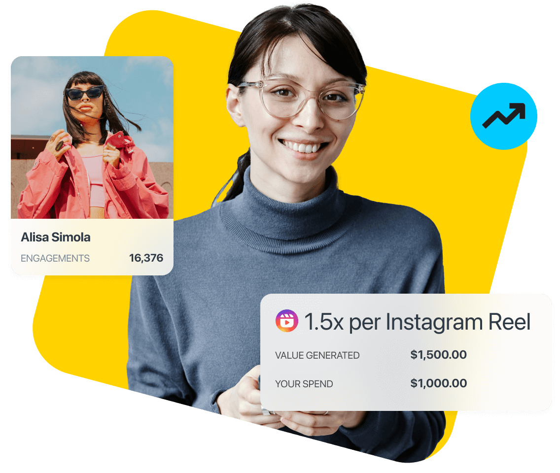 Woman in glasses smiles next to graphics of Later Influence campaign performance report and EMV calculations