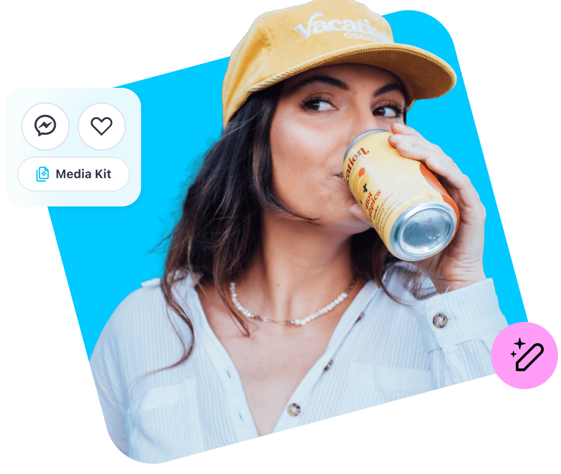 Creator in hat sips a drink out of a can next to images of Later media kit and Caption Writer features