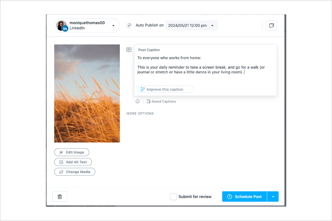 Scheduling a LinkedIn post in the Later app