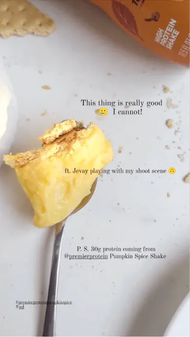 Instagram story still of a baked good made with premier pumpkin spice protein shake on a fork