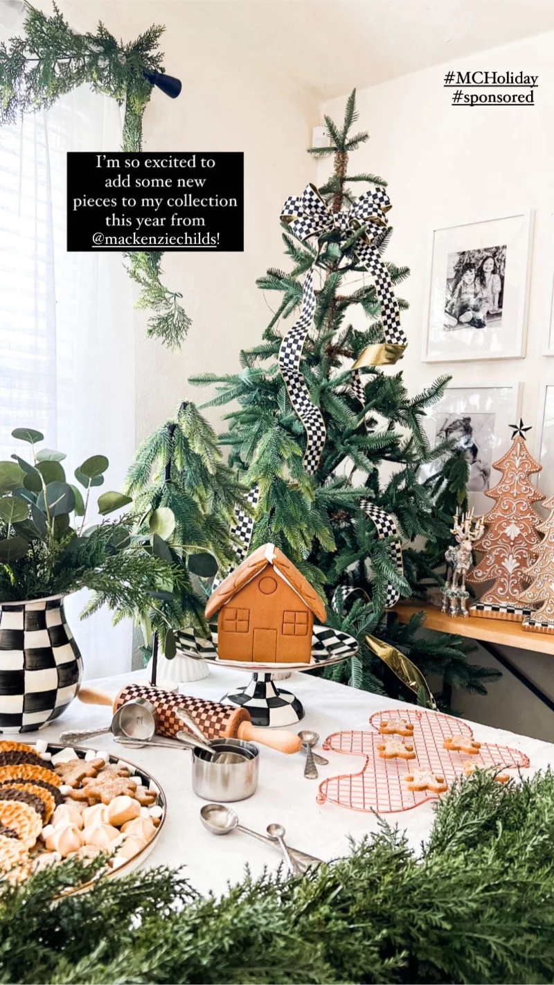 Sponsored MacKenzie Childs IG post featuring christmas tree and gingerbread house