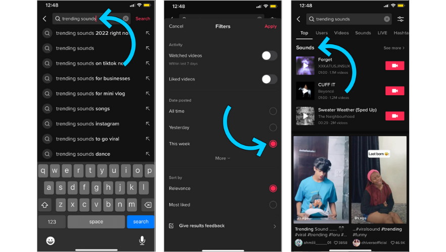 Screenshots of how to find trending sounds on TikTok.
