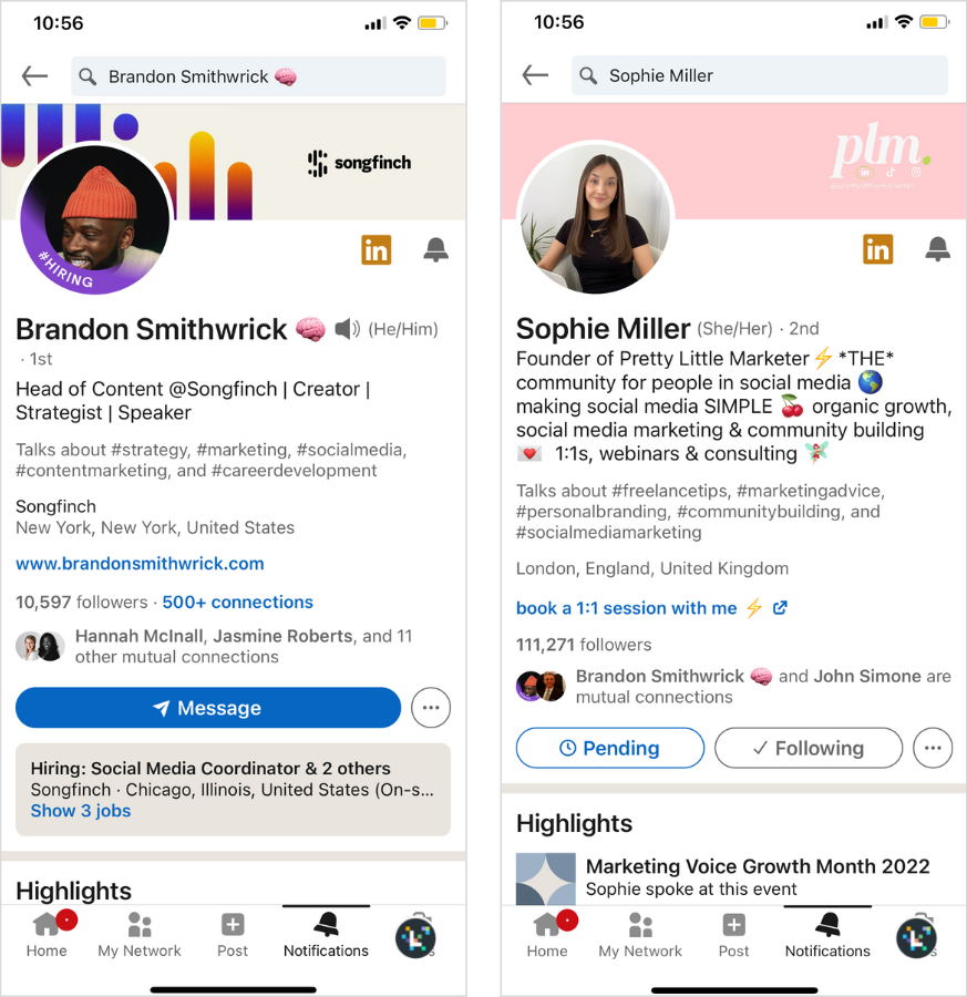 Side by side screenshot of Brandon and Sophie's LinkedIn profiles.