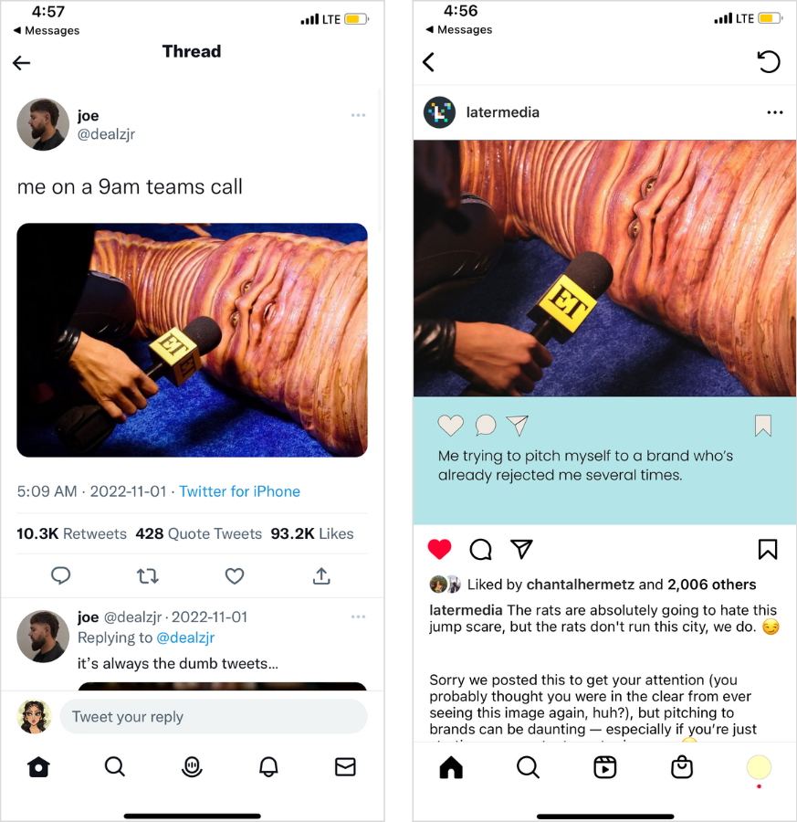 Screenshot x2 of Heidi Klum as a worm meme from @dealzgr on Twitter, and @latermedia on IG.