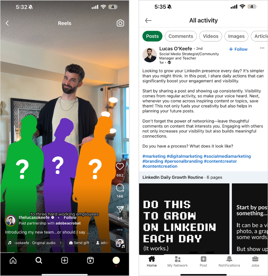 Lucas O'Keefe's Instagram and LinkedIn.