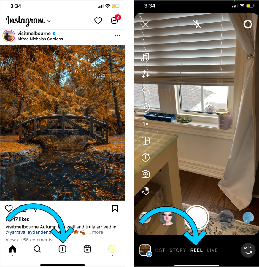 Illustrated steps of how to create a Reel from the Instagram home page.