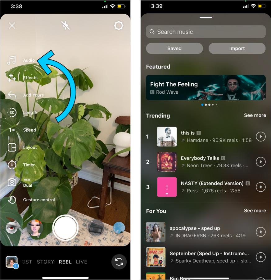 Illustrated steps on how to add music to Instagram Reels.
