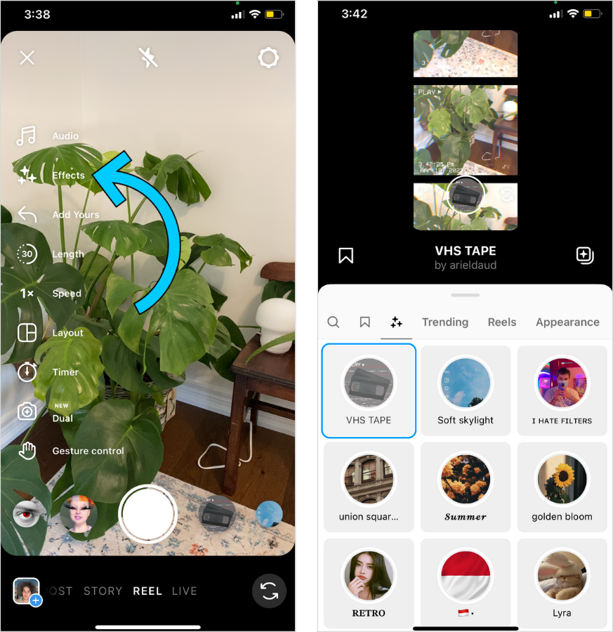 Illustrated steps on how to add effects to an Instagram Reel.
