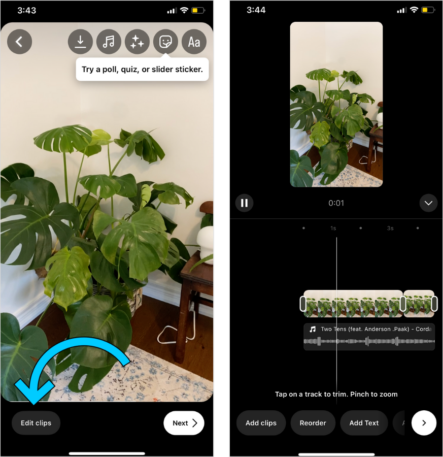 Illustrated steps on how to edit clips in Instagram Reels.