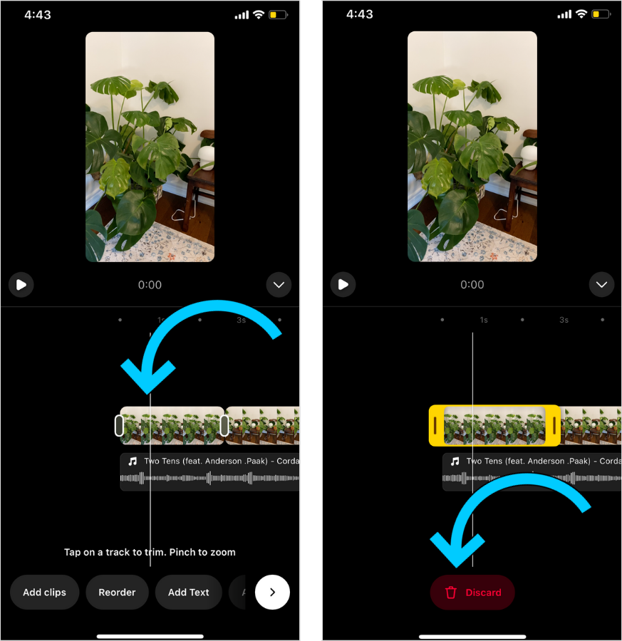 Illustrated steps on how to delete clips in Instagram Reels.