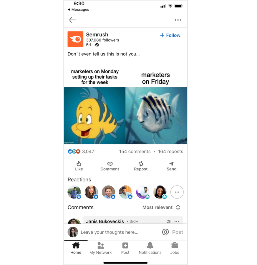 Meme posted by Semrush on LinkedIn of The Little Mermaid's Flounder (original cartoon version) with the text "marketers on Monday setting up their tasks for the week" on the left, versus the new live-action version with the text "marketers on Friday" on the right.
The original Flounder looks happy, vibrant, and bright yellow — whereas the live-action version is thin, dull, and grey.