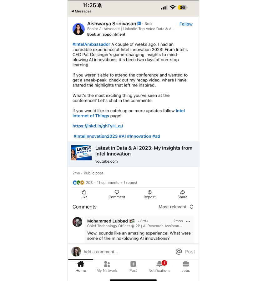 Aishwarya Srinivasan's LinkedIn post about becoming an Intel Ambassador.
