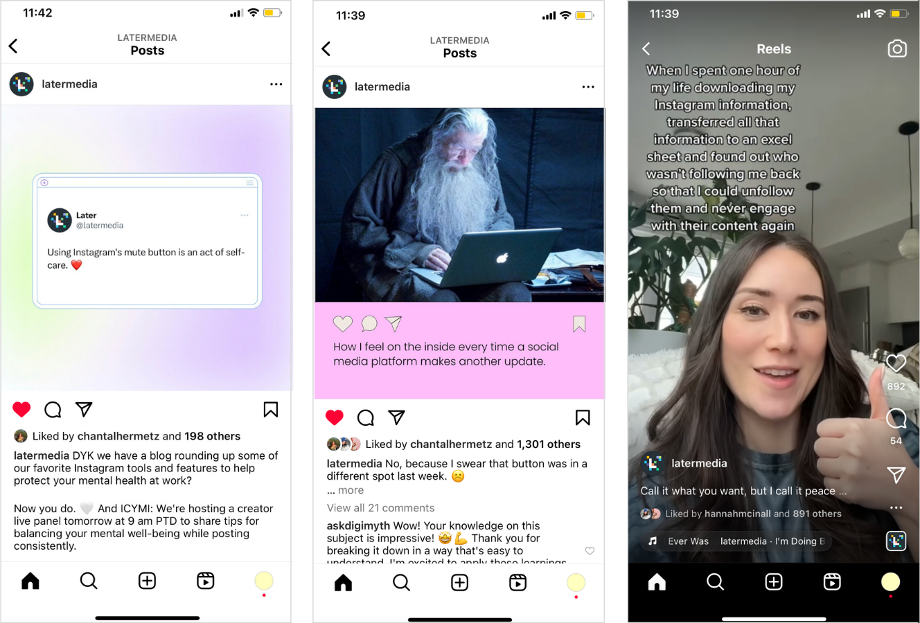 Three examples of Later's Instagram posts — a graphic, meme, and a Reel.